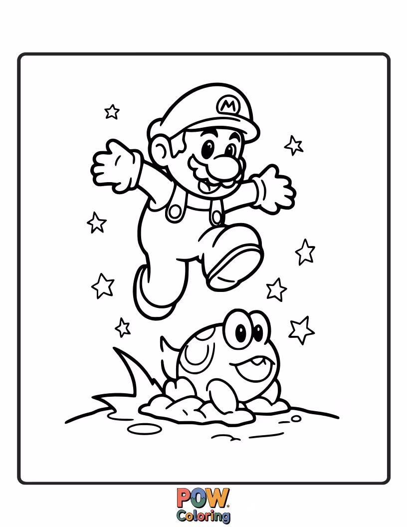 Free coloring page of Happy Mario bounces over a Goomba.