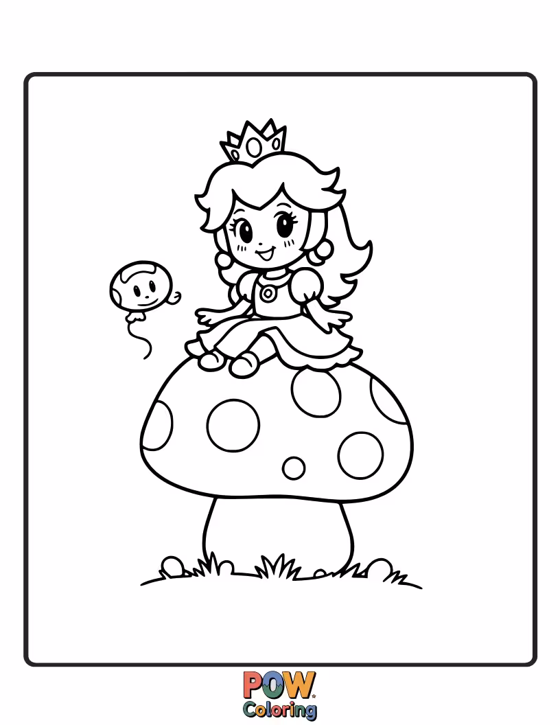 Free coloring page of An adorable Princess Peach sitting on a large mushroom.