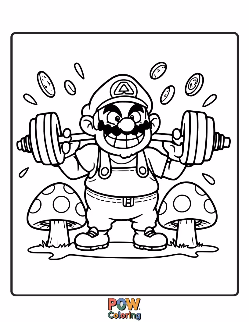 Free coloring page of Wario lifting a oversized barbell. Sweatdrops fly from his forehead as he strains.