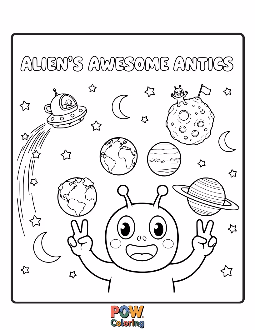 Free coloring page of A friendly alien is visiting Earth for Halloween, wearing a silly costume.
