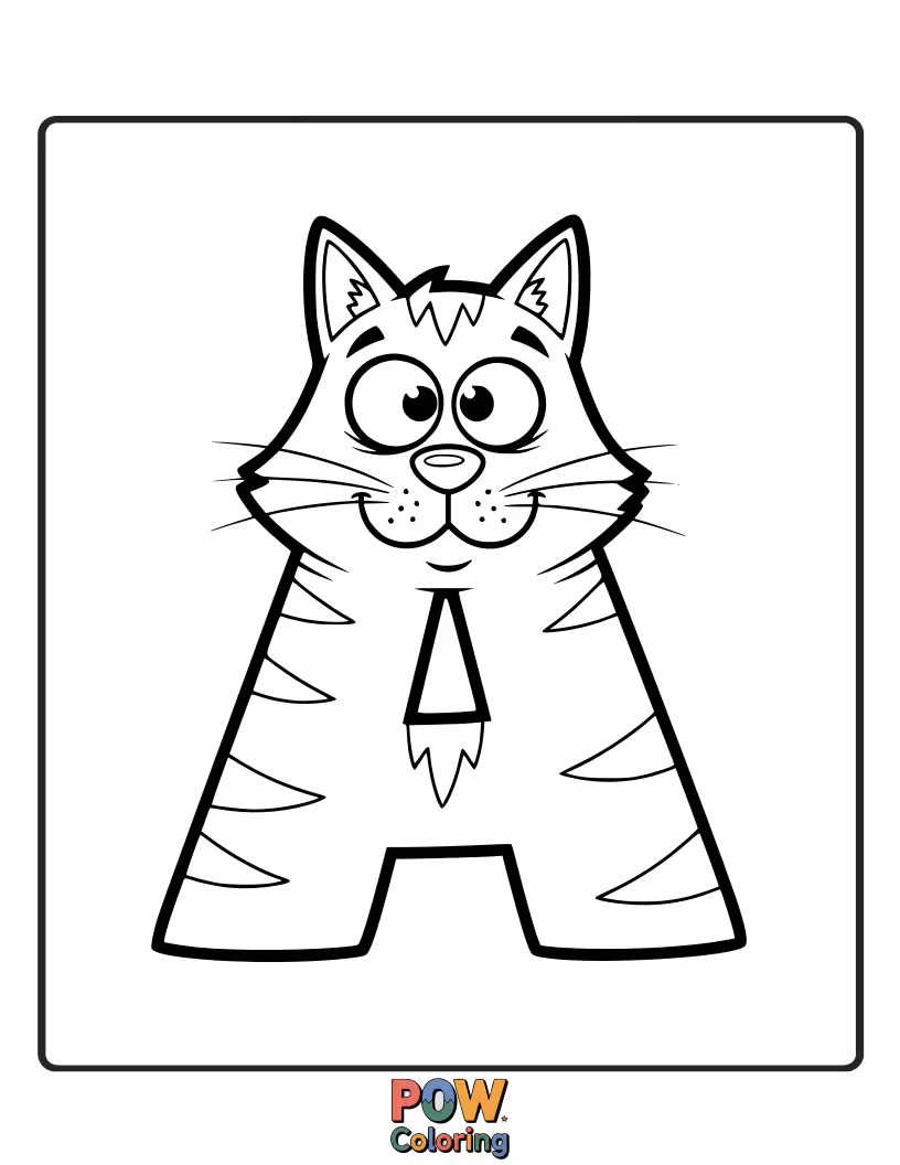 Free coloring page of adorable cat cleverly shaped like the letter A