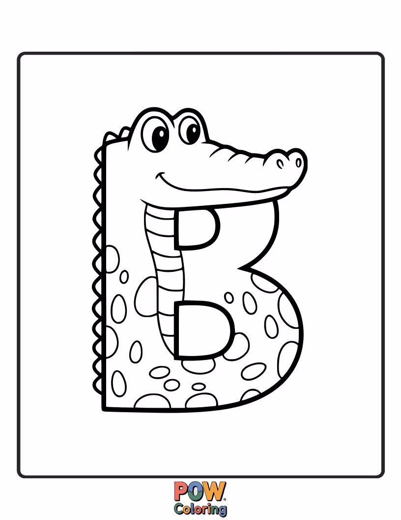 Free coloring page of playful alligator shaped to look like the letter B