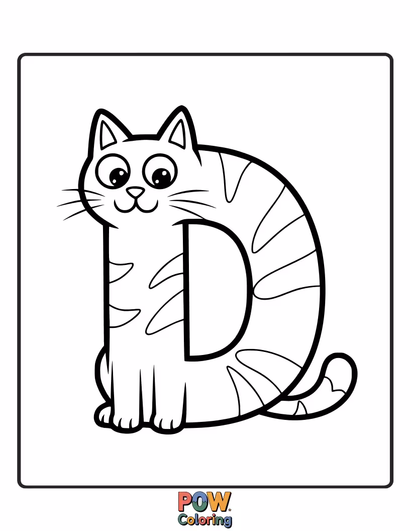 Free coloring page of sweet cat skillfully crafted to resemble the letter D