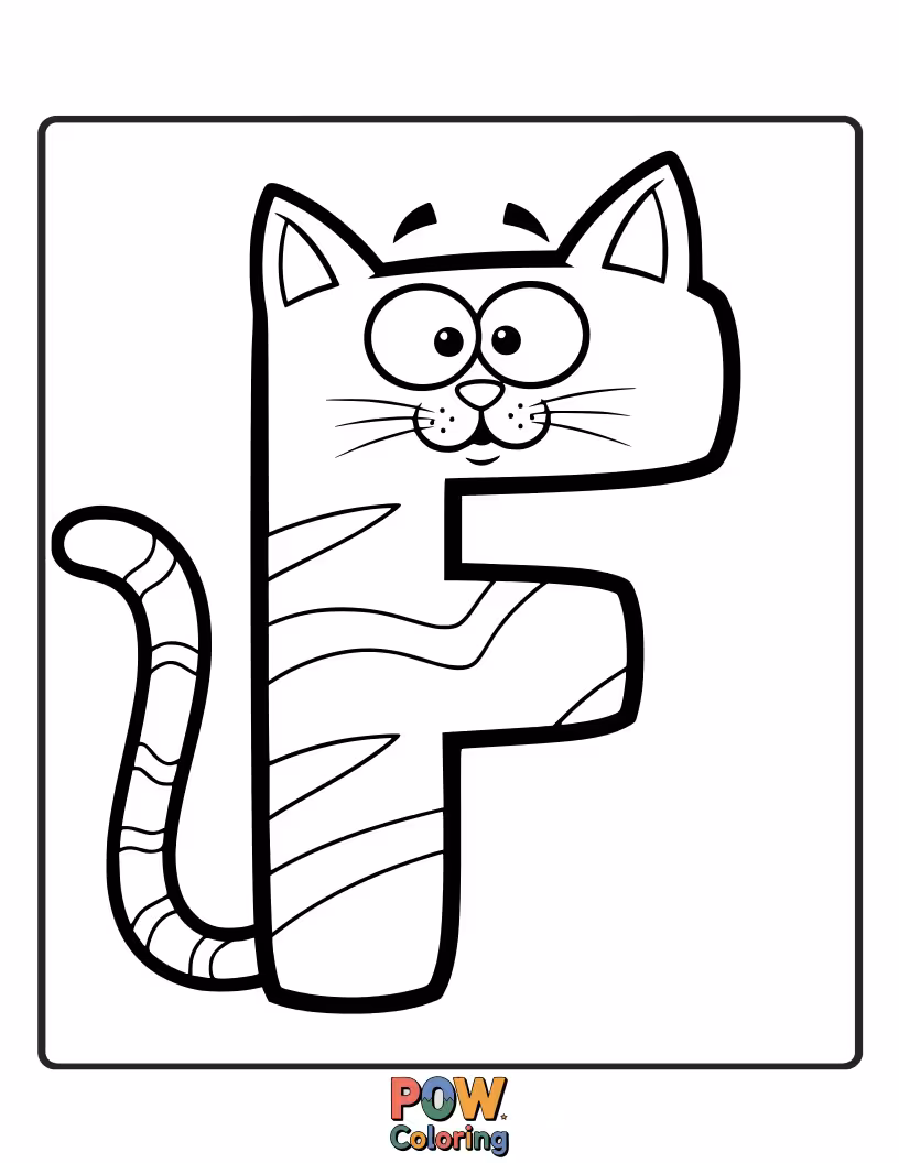Free coloring page of funny cat delightfully turned into the letter F