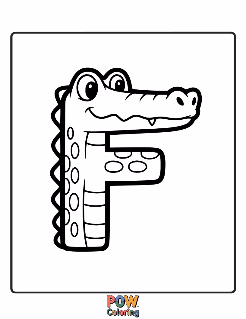 Free coloring page of sweet alligator creatively drawn in the shape of F