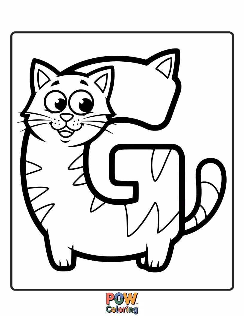 Free coloring page of cheerful cat cutely designed to look like the letter G