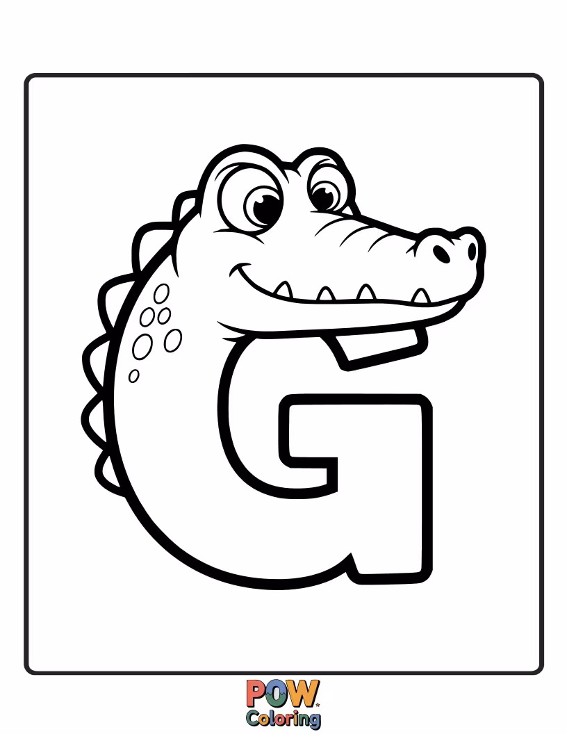 Free coloring page of smiling alligator turned into the letter G