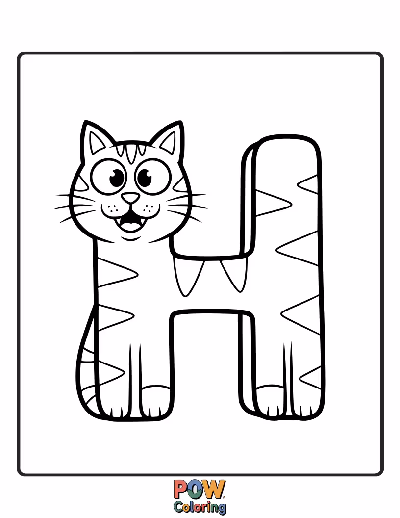 Free coloring page of cute kitty artistically shaped into the letter H