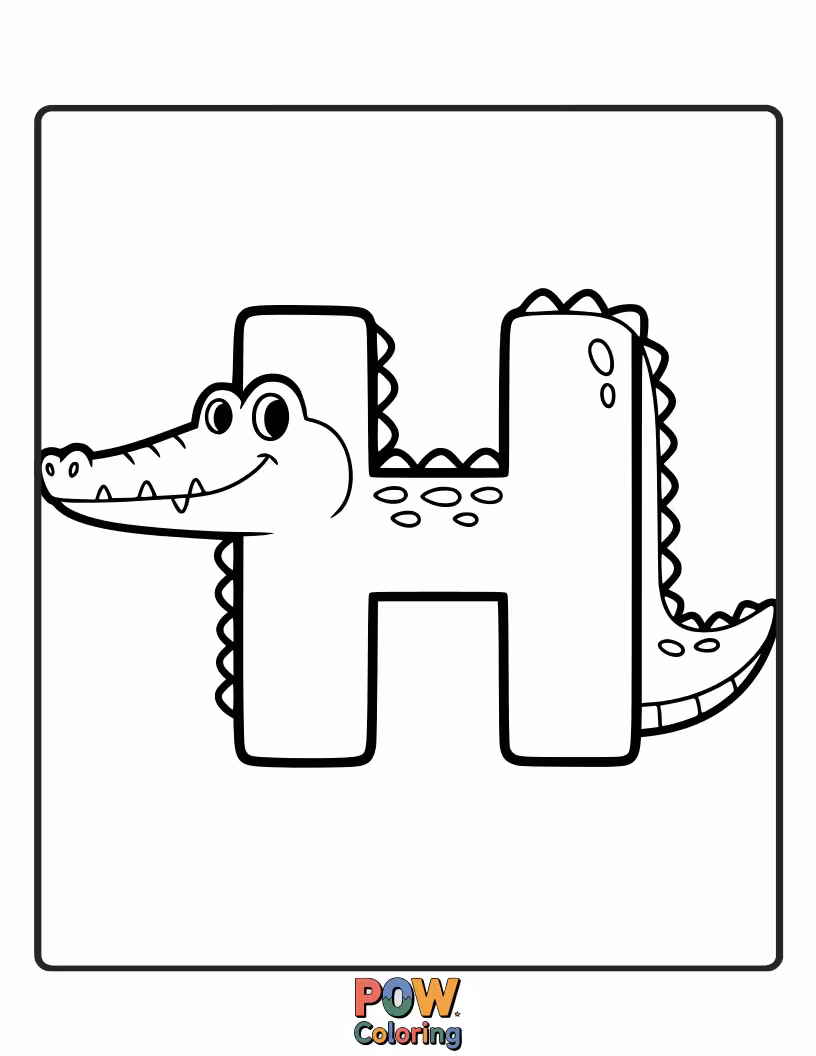Free coloring page of friendly alligator uniquely designed as the letter H