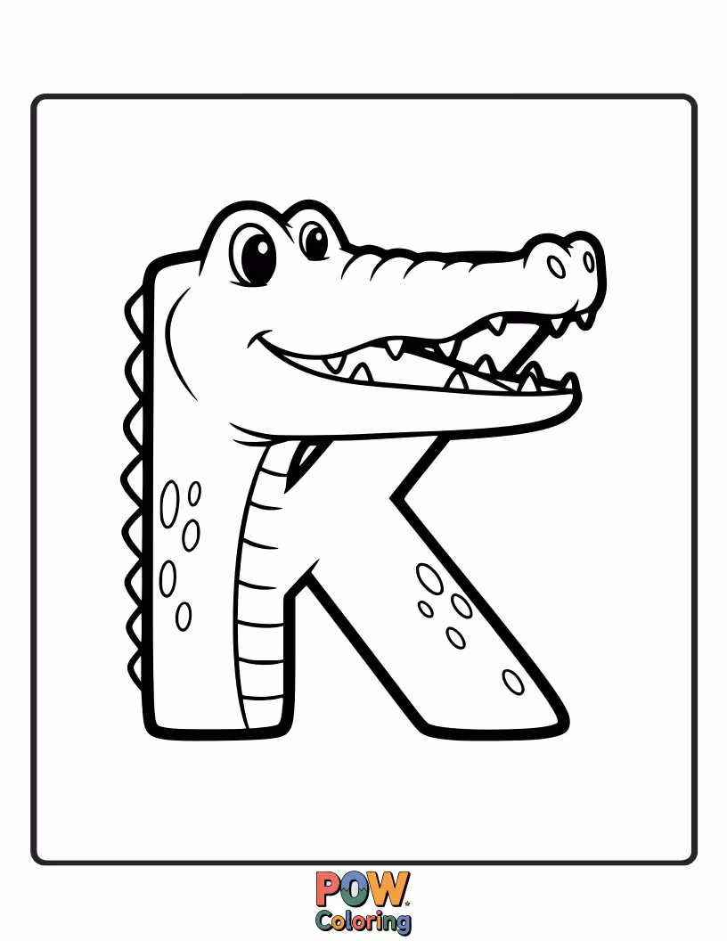 Free coloring page of happy alligator adorably made to look like the letter K