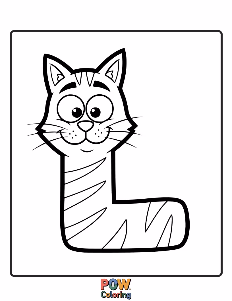 Free coloring page of lovely kitten playfully drawn in the letter L shape