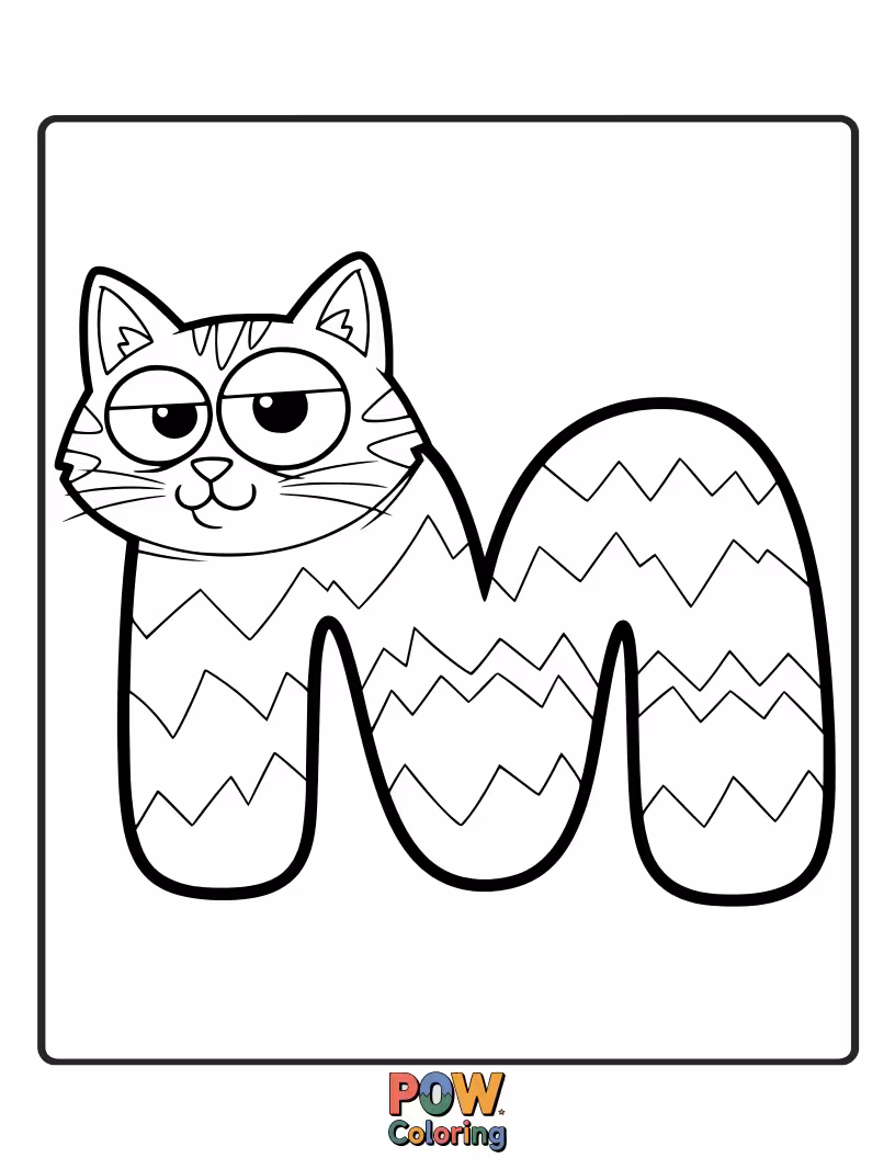 Free coloring page of smiling cat neatly crafted into the letter M