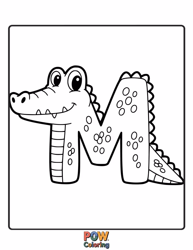 Free coloring page of silly alligator drawn to resemble the letter M
