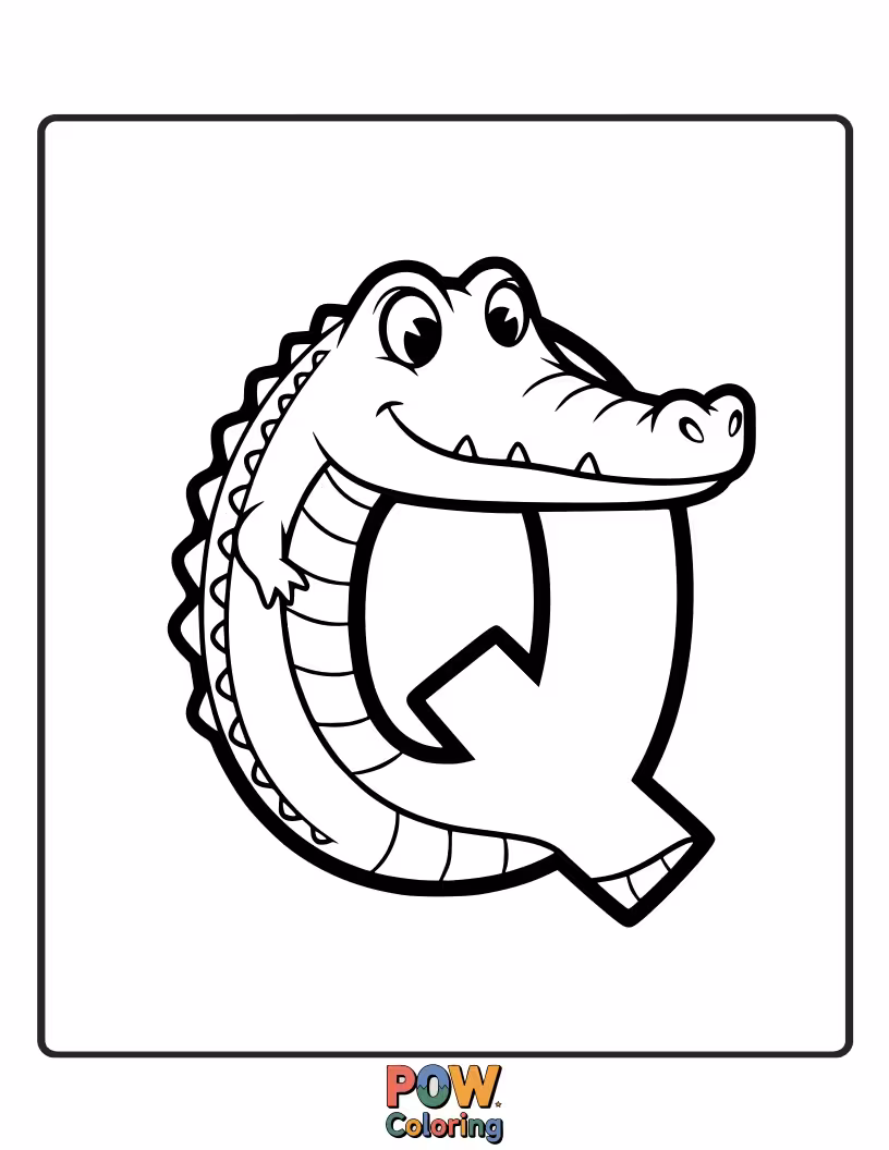 Free coloring page of cute little alligator transformed into the letter Q