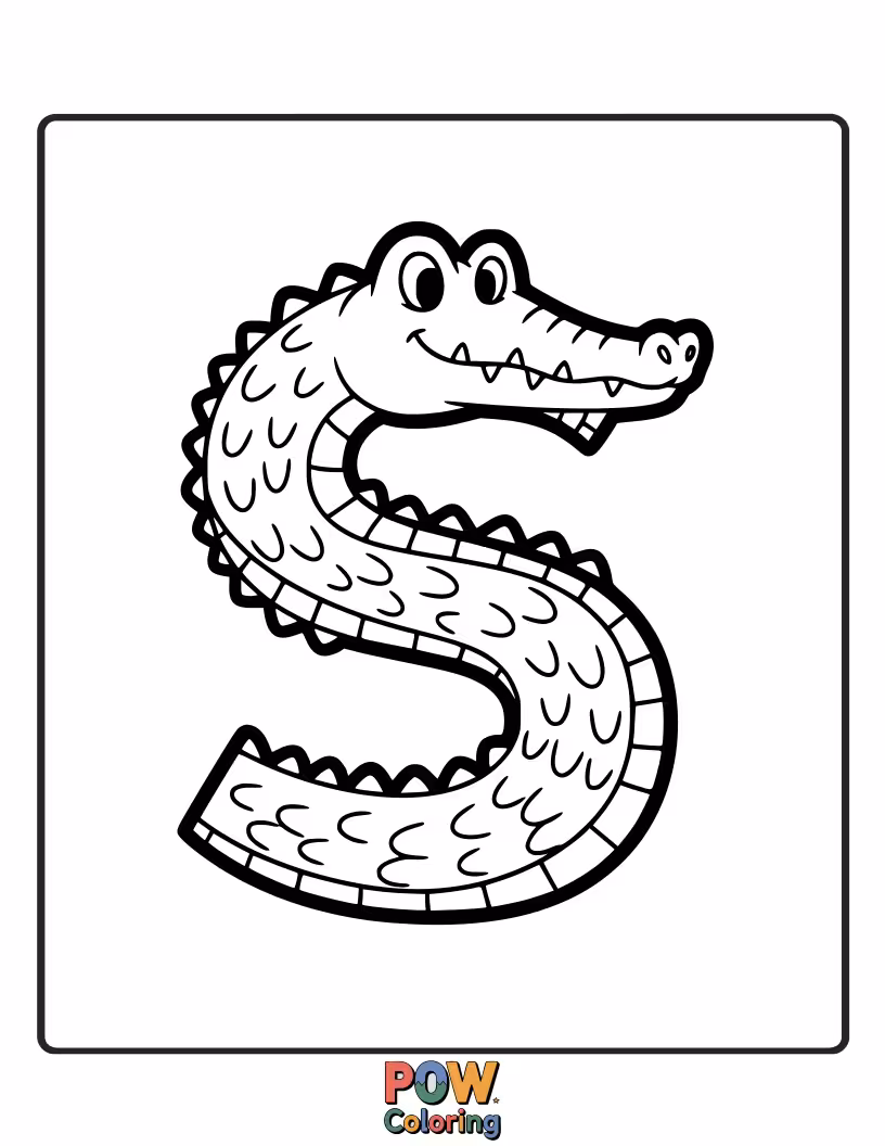 Free coloring page of funny and friendly alligator shaped just like S