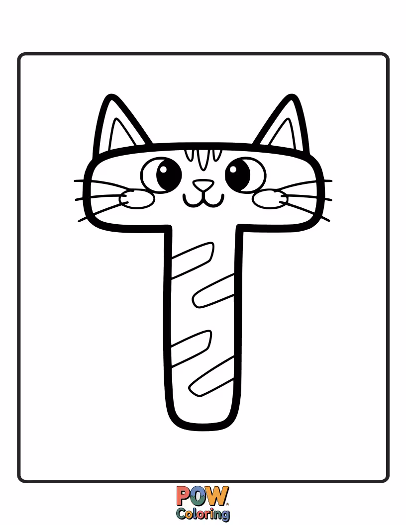 Free coloring page of bright-eyed cat creatively turned into the letter T