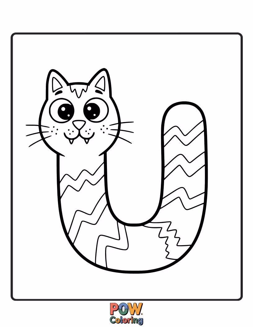Free coloring page of cuddly cat charmingly shaped like the letter U