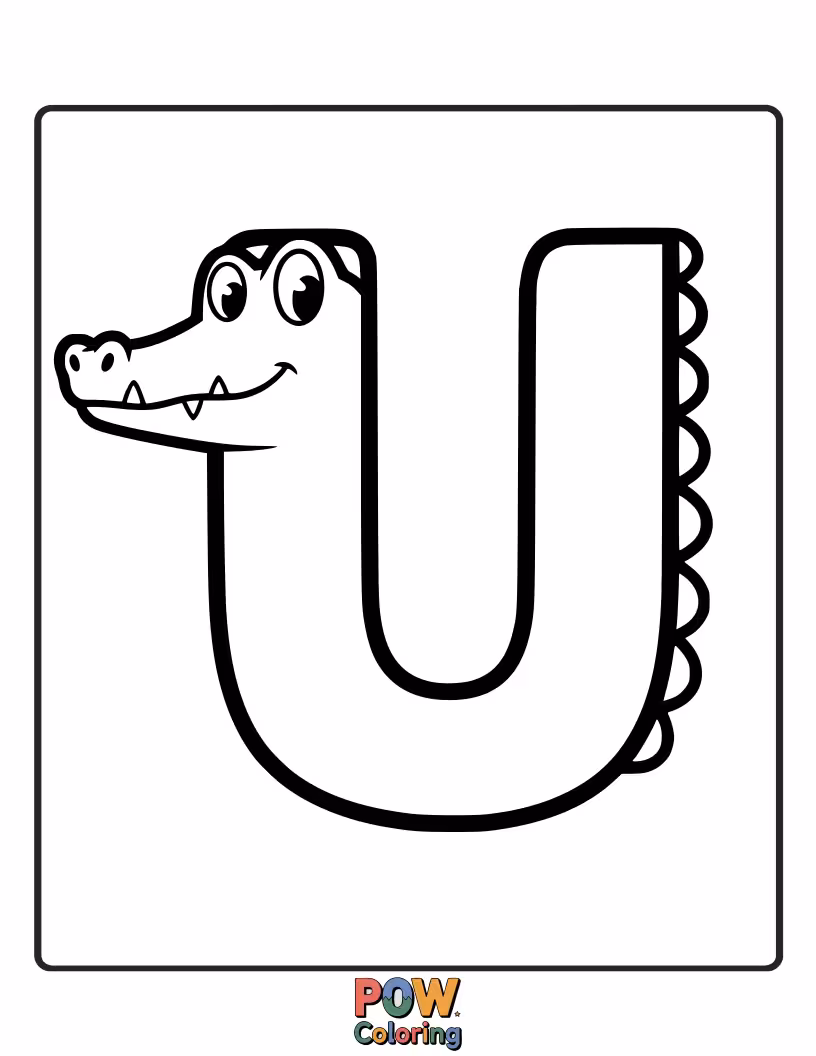Free coloring page of artistic alligator cutely styled in the shape of U