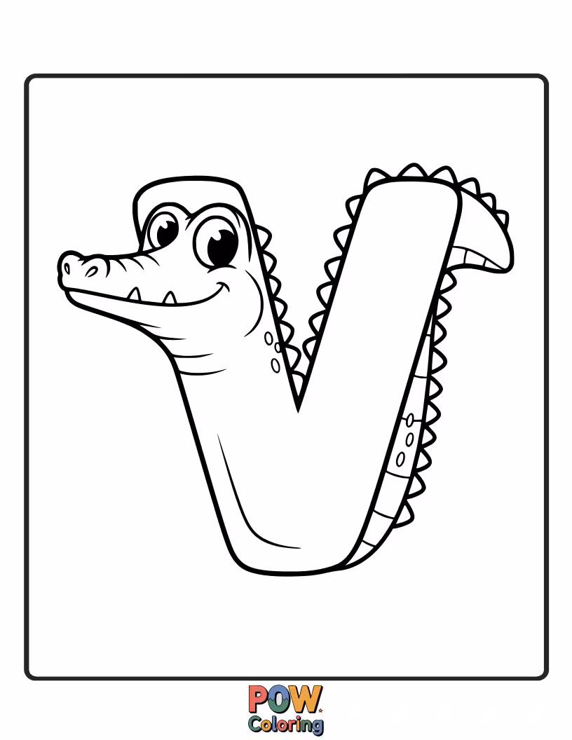 Free coloring page of lovely alligator formed beautifully into the letter V