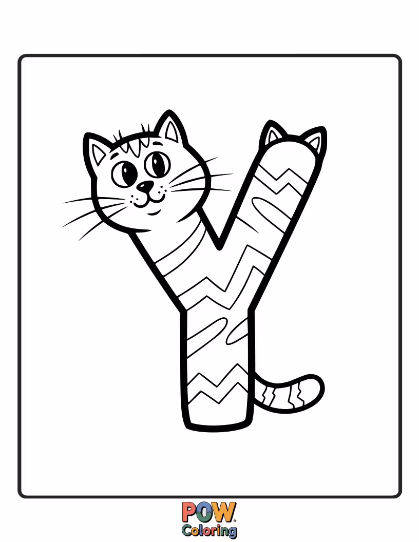 Free coloring page of lovable cat artfully created in the letter Y shape