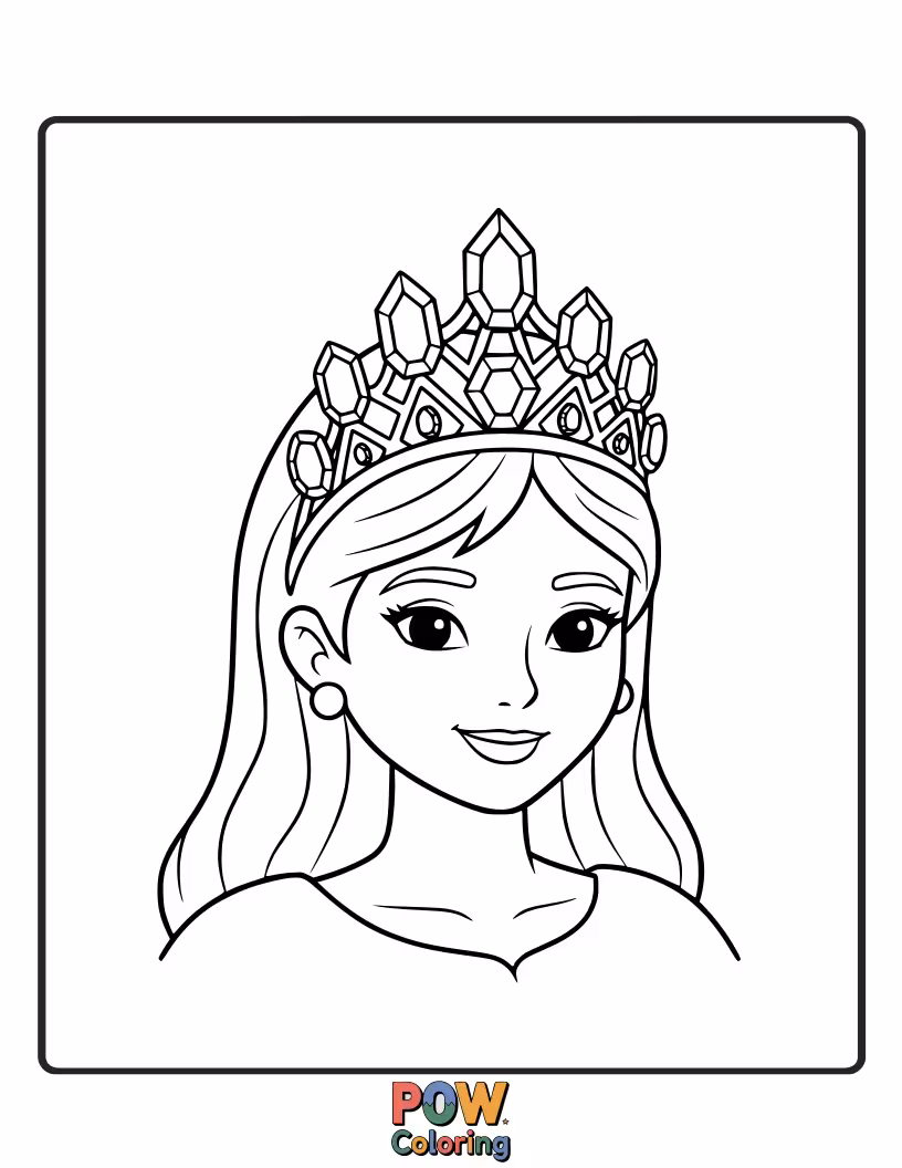 Free coloring page of A serene princess wearing a beautiful tiara adorned with soft purple amethysts.