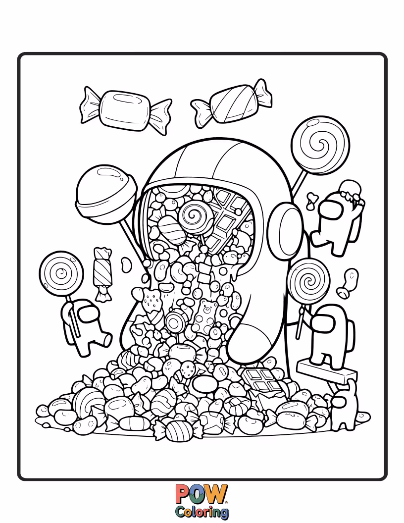 Free coloring page of An Among Us crewmate dressed as a ghost is trying to stuff its face with a pile of candy.