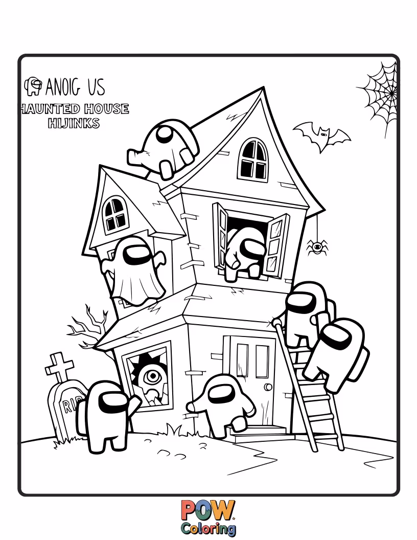 Free coloring page of An Among Us crewmate is hilariously scared by a tiny, friendly spider dangling from its hat.