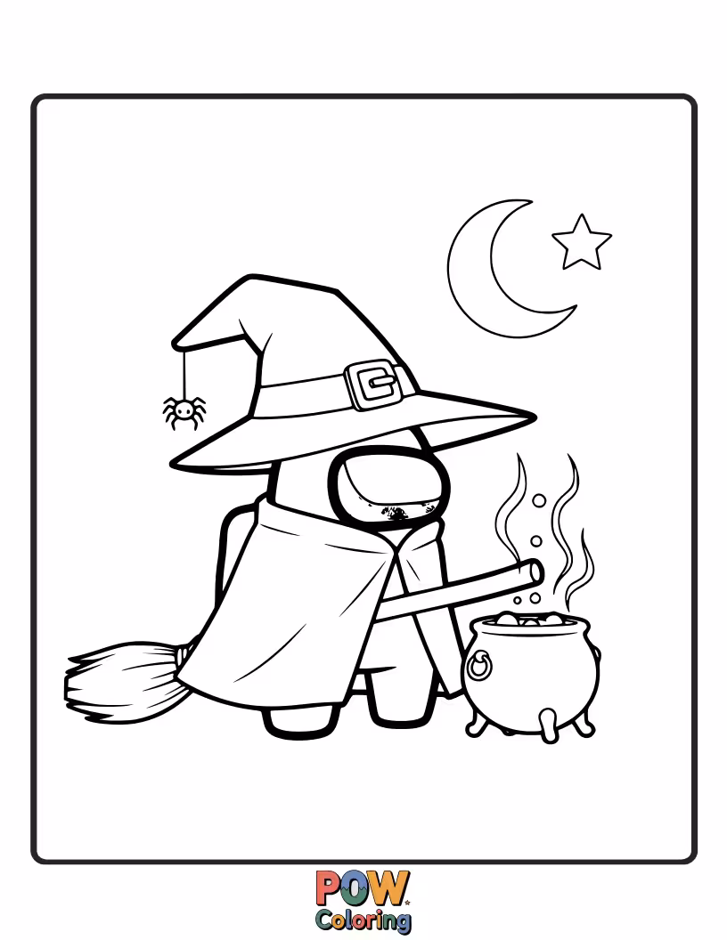 Free coloring page of An Among Us crewmate dressed as a witch is struggling to stir a cauldron that's bubbling over.
