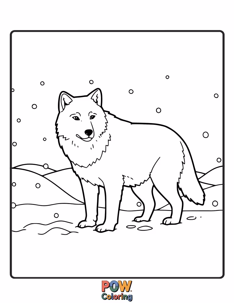 Free coloring page of A pure white arctic wolf camouflaged against a snowy, icy landscape.
