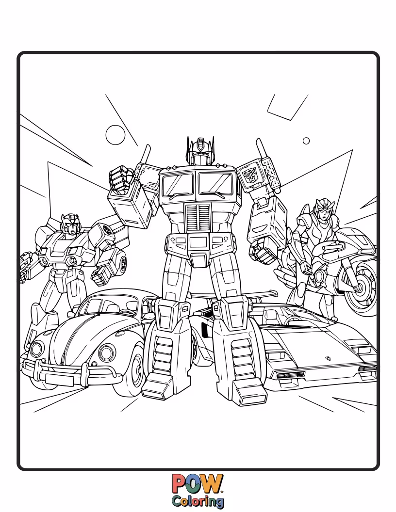 Free coloring page of A gathering of key Autobots, standing together in unity, ready for a colorful team portrait.
