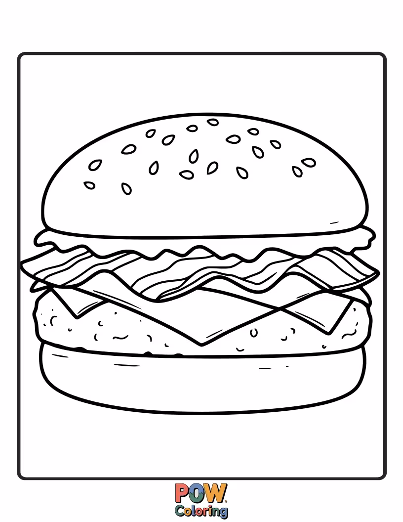Free coloring page of A smoky delight with tangy BBQ sauce, crispy bacon, and a soft bun. A summertime favorite.