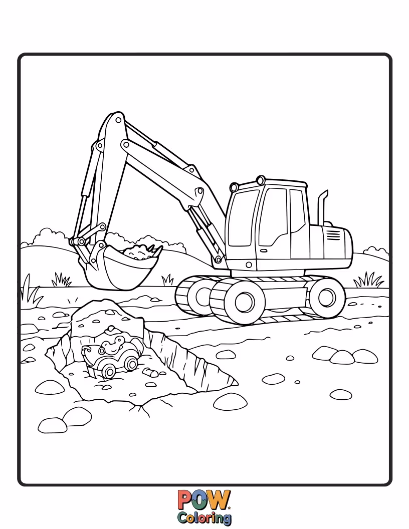 Free coloring page of A versatile backhoe loader, with a bucket and arm ready for digging. Color its parts to show its function.