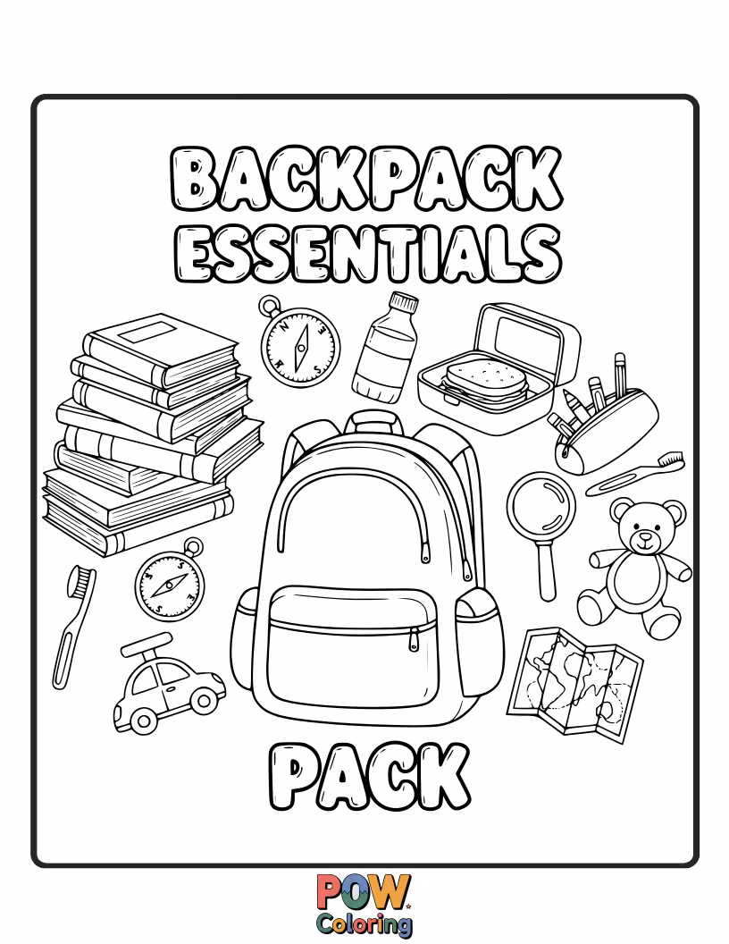 Free coloring page of A child packing a backpack with essentials like a water bottle, snacks, and a flashlight. Understand what to bring camping.
