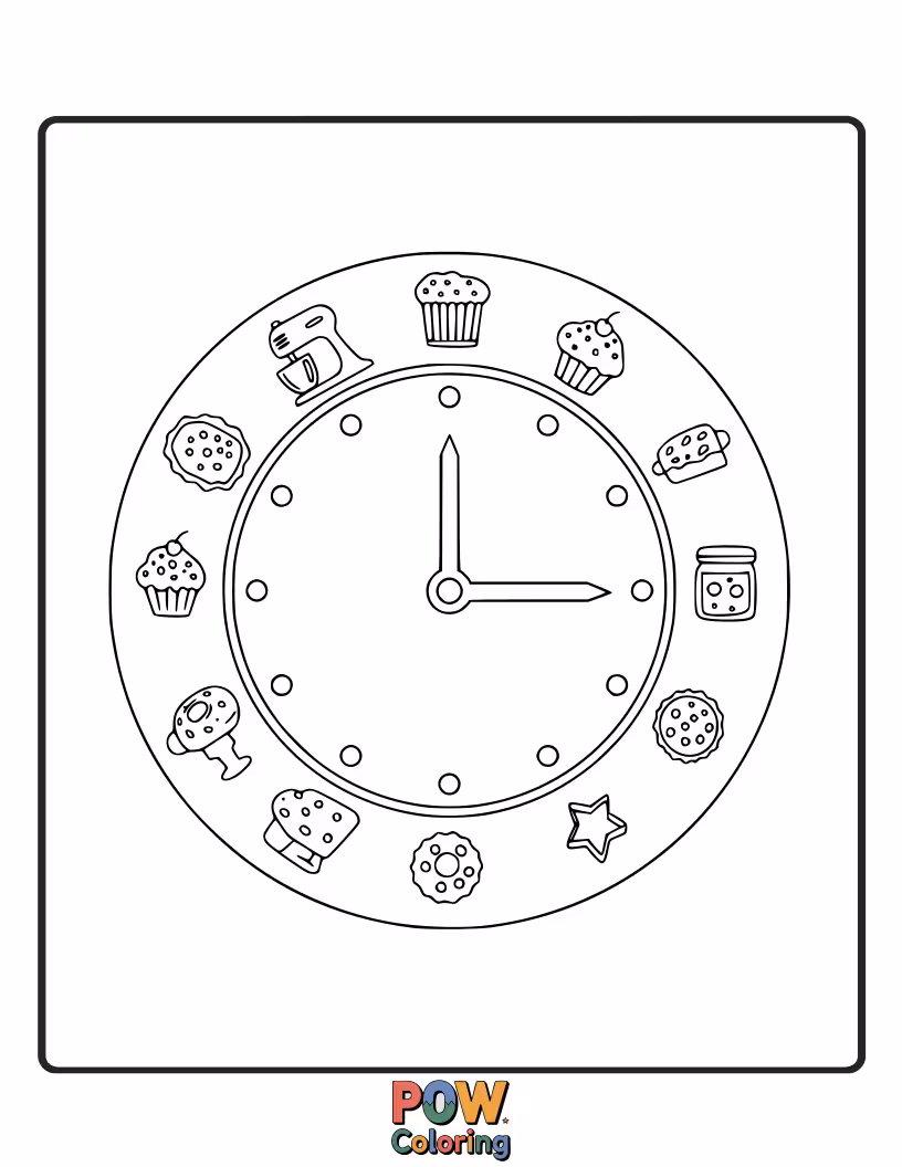 Free coloring page of A sweet clock with cupcakes, cookies, and baking utensils as decoration.