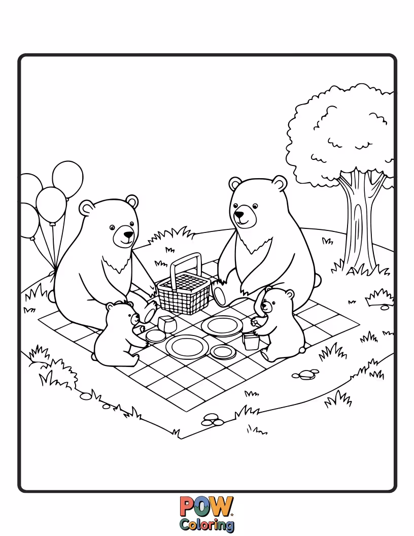 Free coloring page of A sweet scene of a bear family enjoying a picnic in the meadow. Promotes storytelling and family bonding.