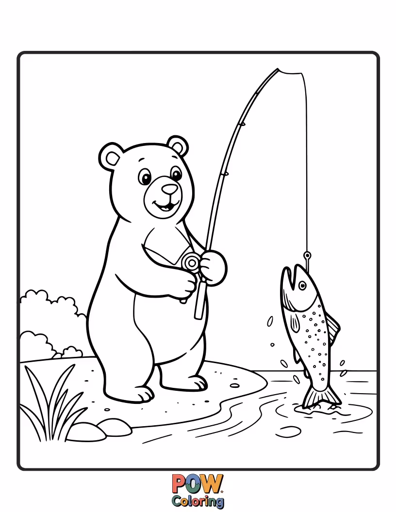 Free coloring page of An active bear trying to catch a fish in a stream. Introduces action and nature scenes.