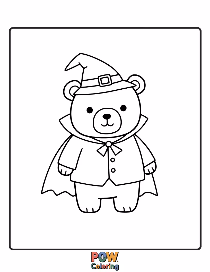 Free coloring page of A playful bear dressed up for Halloween. Fun for seasonal themes and imaginative dress-up.