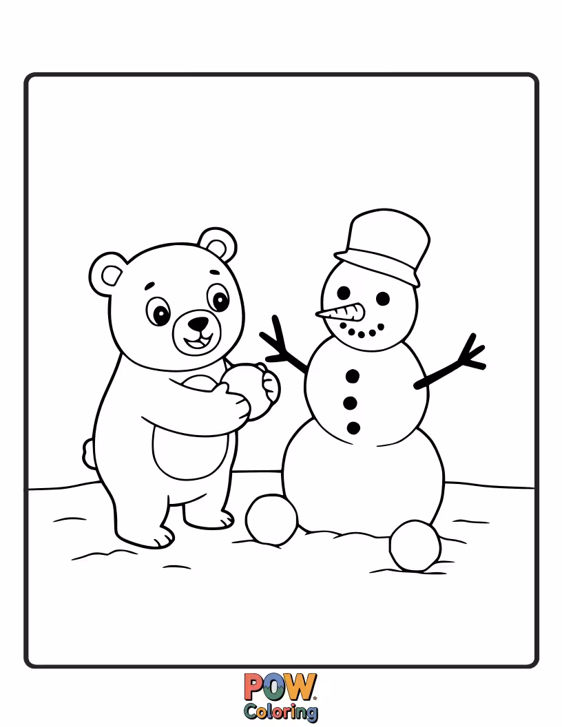 Free coloring page of A busy bear building a snowman in the snow. Encourages winter activities and creativity.