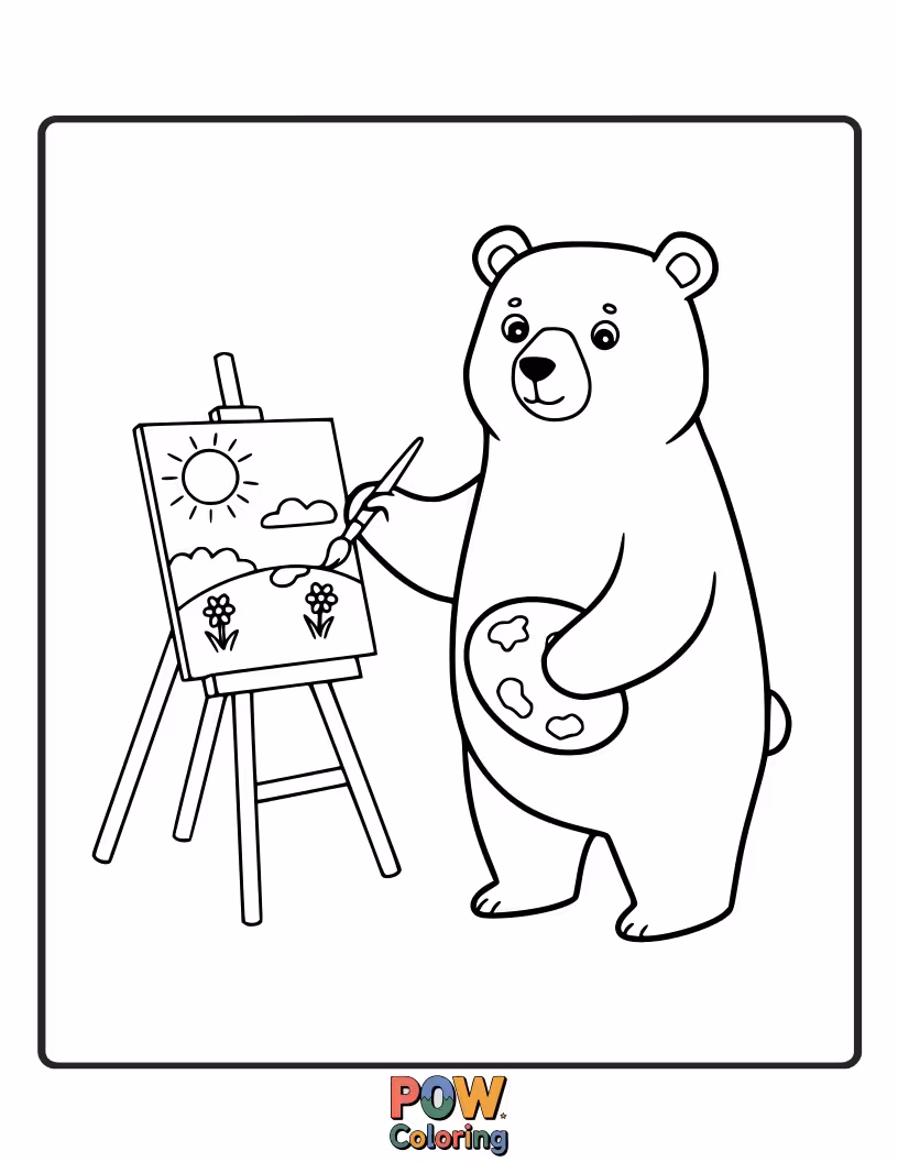 Free coloring page of An artistic bear creating a colorful masterpiece. Inspires creativity and the joy of making art.