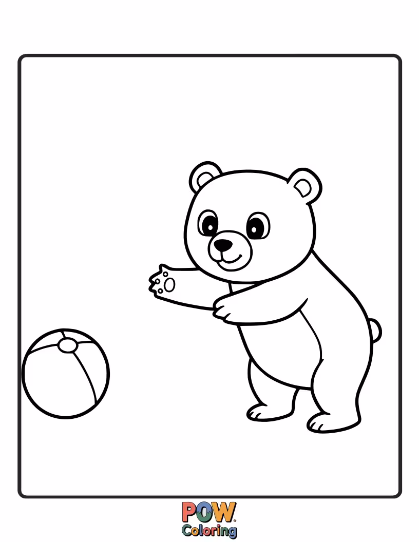 Free coloring page of A playful bear tossing a colorful ball. Encourages dynamic coloring and movement representation.