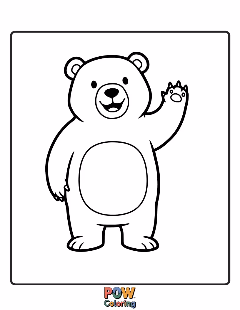 Free coloring page of A cheerful bear with one paw raised in a friendly wave. Simple design, perfect for very young children.