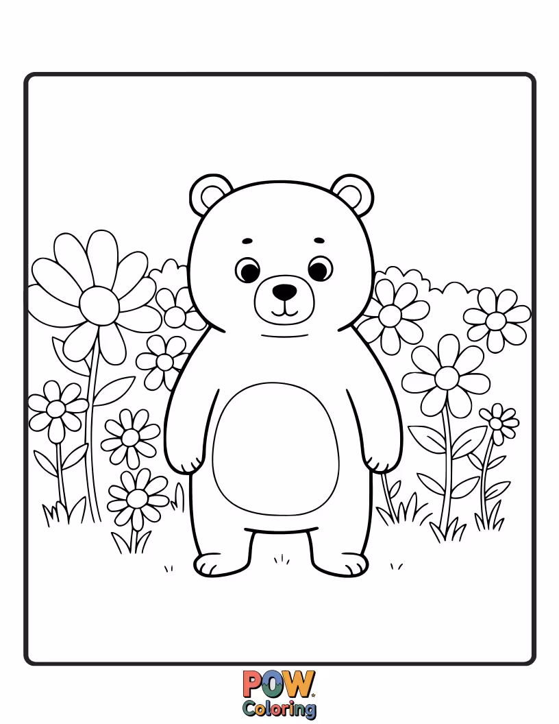 Free coloring page of A cheerful bear surrounded by blooming flowers. Introduces vibrant colors and floral patterns.