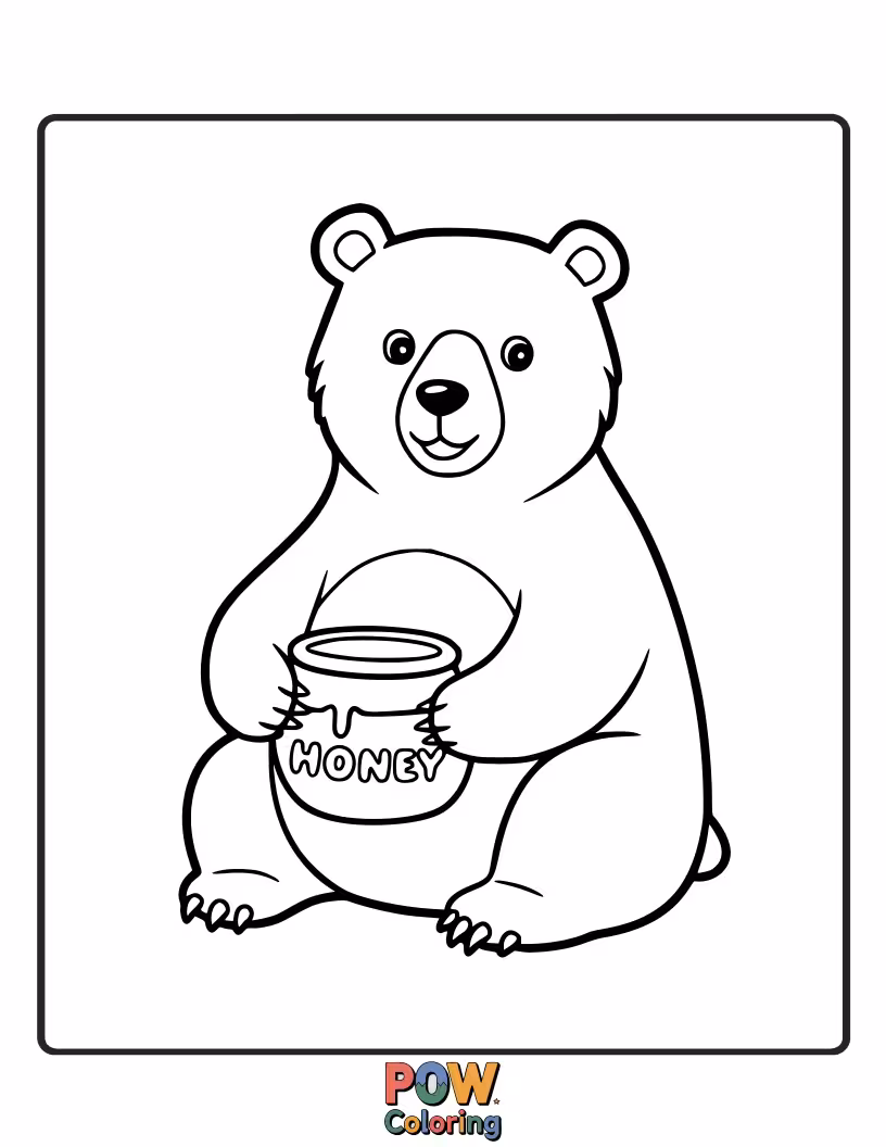 Free coloring page of A happy bear eagerly reaching for a delicious honey pot. Fun for exploring textures and sweet themes.