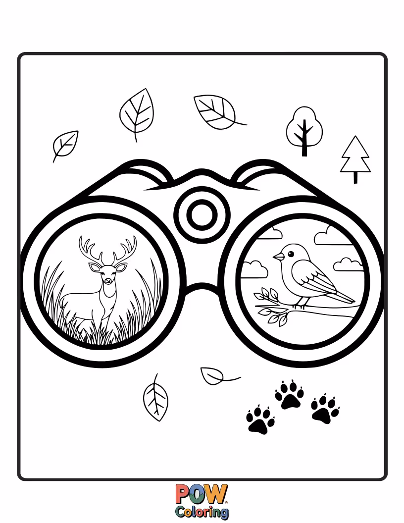 Free coloring page of A pair of binoculars held by a child looking at birds. Observe the details of nature from a distance.
