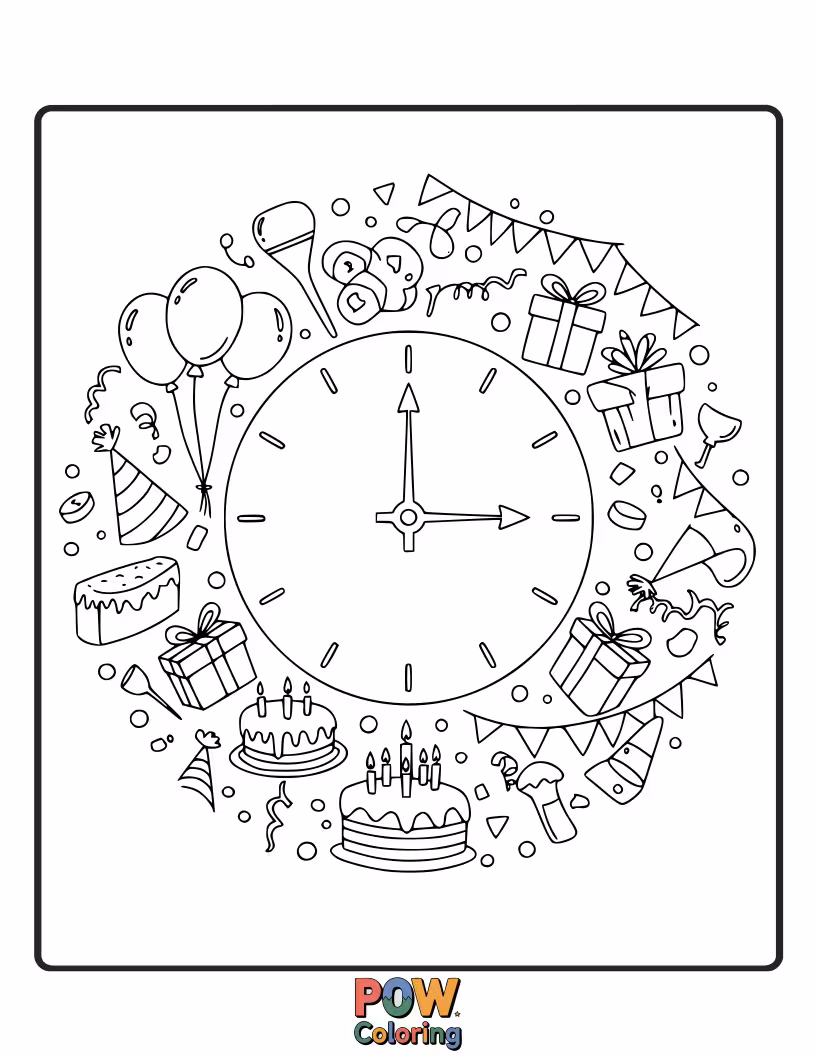 Free coloring page of A festive clock adorned with balloons, presents, and birthday cake elements.