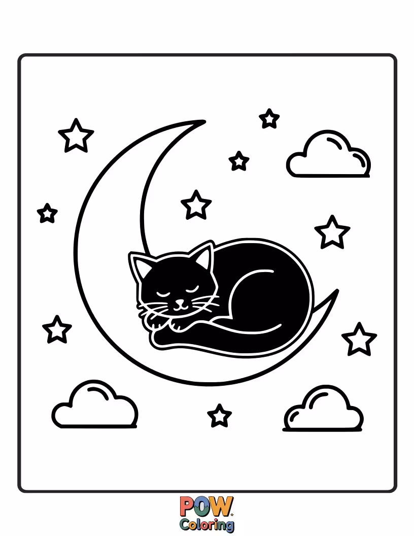 Free coloring page of A black cat is fast asleep in a pile of Halloween candy, dreaming sweet dreams.