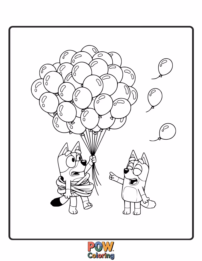 Free coloring page of Bluey is tangled up in a massive bouquet of balloons, struggling to move.