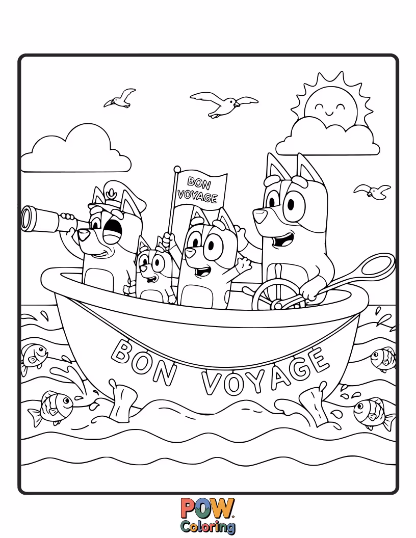 Free coloring page of Bluey is sailing in her bathtub, using a rubber duck as a sail.