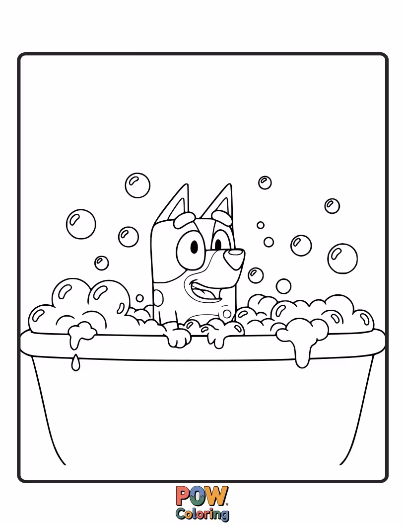 Free coloring page of Bluey is having a wild bubble bath, covered in an excessive amount of foam.