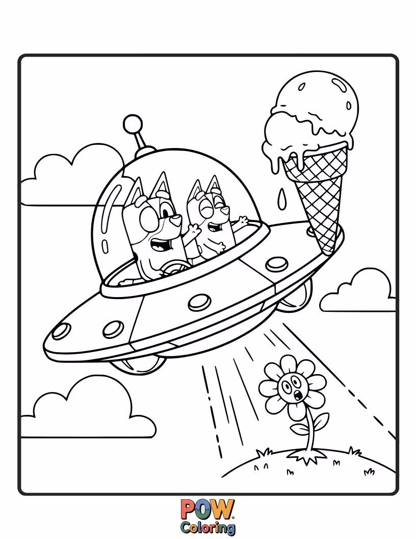 Free coloring page of Bluey is pretending to be an alien, wearing a colander as a helmet.
